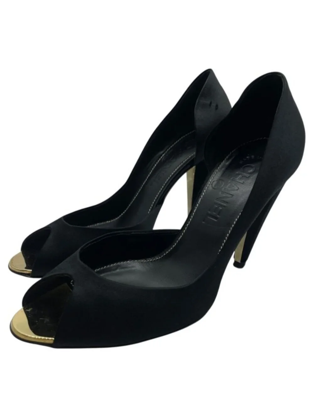 Chanel Pumps High Heels Open Toe Satin Leather Black Gold Shoes Casual
